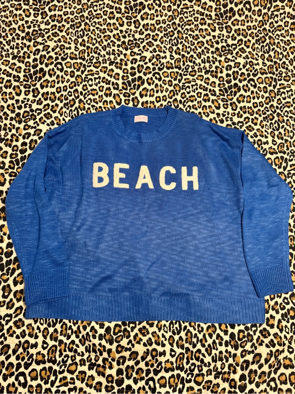 Pink Lily Blue Crewneck Sweater with White 'BEACH' Lettering - women